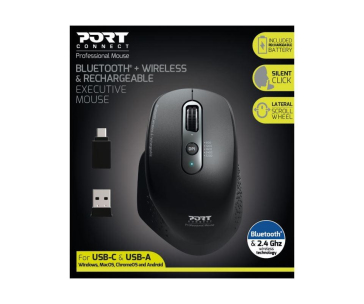 PORT dobíjecí myš s duálním bezdrátovým připojením, BT, 2,4 GHz, USB-A/C, černá