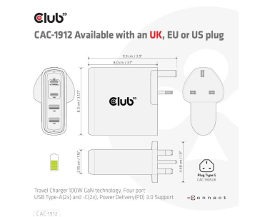 Club3D cestovní nabíječka 100W GAN technologie, 2xUSB-A a 2xUSB-C, PD 3.0 Support