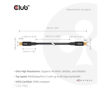 Club3D Kabel MiniDisplayPort 2.1 Certifikovaný, 10K60Hz, DSC1.2, UHBR10, 1m