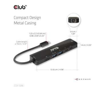 Club3D hub USB-C, 6-in-1 Hub s HDMI 8K30Hz, 2xUSB Type-A, RJ45 a 2xUSB Type-C, Data a PD nabíjení 100W