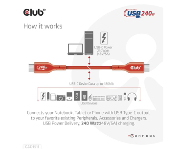 Club3D kabel USB-C, Oboustranný USB-IF Certifikovaný data kabel, PD 240W(48V/5A) EPR M/M 1m