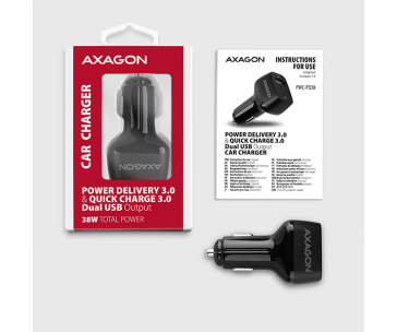 AXAGON PWC-PQ38, PD & QUICK nabíječka do auta 38W, 2x port (USB + USB-C), PD3.0/QC3.0/AFC/FCP/Apple