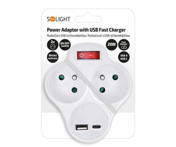 Solight rozbočka s USB A+C rychlonabíječkou 20W PD, 2 x 10A, bílá, vypínač