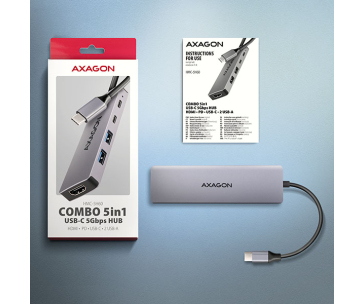 AXAGON HMC-5H60, USB 5Gbps hub, porty 2x USB-A, 1x USB-C, HDMI 4k/60, PD 100W, kabel USB-C 15cm