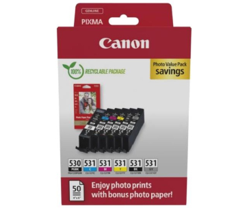 Canon Cartridge PGI-530/CLI-531 PGBK/C/M/Y/BK/GY + Canon PAPÍR GP-501 4X6 50