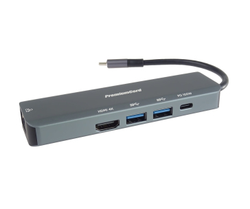 PREMIUMCORD Adaptér USB-C na Gigabit 10/100/1000Mbps + 1x HDMI,  2x USB3.2, 1x PD 100W konektor, Šedá