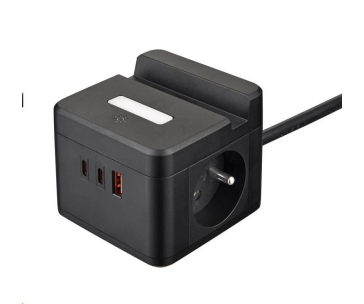 Viking síťový adaptér YC23H, 2x 230 V, 1x USB-A, 2x USB-C, dotykové světlo, funkce stojánku, černá