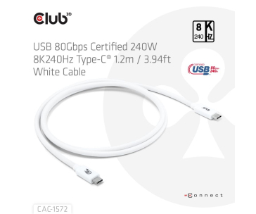 Club3D Kabel USB4 Typ-C, 80Gbps, Certifikovaný kabel, 4K540Hz, 8K240Hz, 16K60Hz, PD 240W, 1.2m, bílá