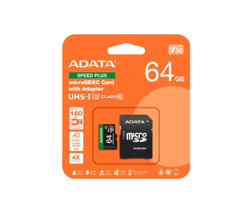 ADATA MicroSDXC karta 64GB Speed Plus, U3, C10, A2, V30 (R:160/W:140 MB/s) + SD adaptér