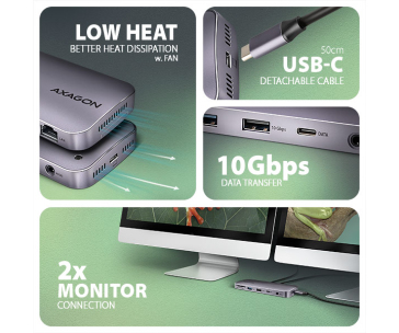 AXAGON HMC-12GM2, USB 10Gbps hub, 3x USB-A, USB-C, HDMI, DP, RJ-45 GLAN, M.2, SD/mSD, audio, PD 100W, kabel USB-C 50cm