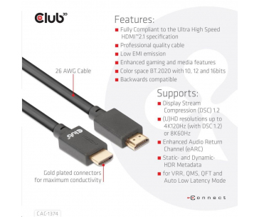 Club3D Kabel Ultra Rychlý HDMI™, 4K120Hz, 8K60Hz Cable 48Gbps (M/M), 28AWG, 4m