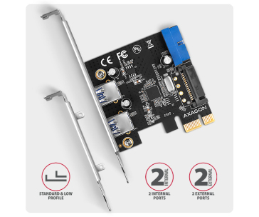 AXAGON PCEU-232RS, PCIe řadič, 2+2x USB 5Gbps port, SATA napájení, Renesas PD720201, SP & LP