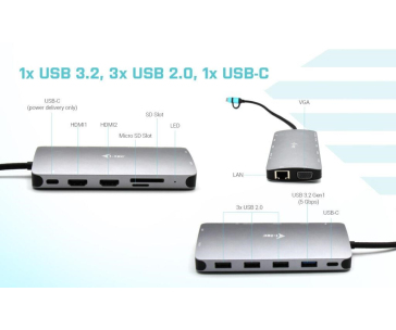 i-tec USB 3.0 USB-C/Thunderbolt 3x Display Metal Nano Dock with LAN, PD 100 W