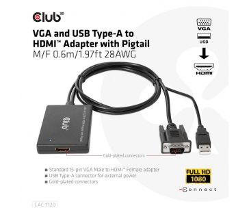 Club3D kabel VGA a USB-A na HDMI s ocáskem, M/F, 0.6m