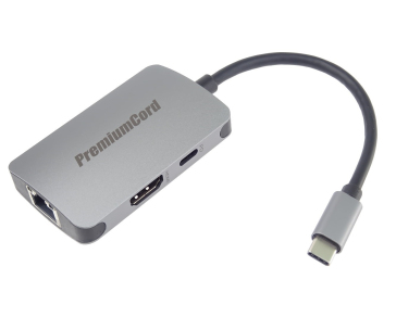 PREMIUMCORD Adaptér USB-C na HDMI + RJ45 + PD adaptér, hliníkové pouzdro