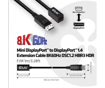 Club3D Prodlužovací kabel Mini DisplayPort 1.4 na DisplayPort 8K 60Hz DSC 1.2 HBR3 HDR Bidirectional (F/M), 1m