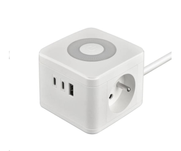 Viking síťový adaptér YC23L, 2x 230 V, 1x USB-A, 2x USB-C, dotykové světlo, délka 1,4 m, bílá