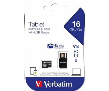 VERBATIM Tablet microSDHC C10/U1 with USB reader 16GB (R:45MB/s, W:10MB/s)