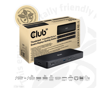 Club3D Dokovací stanice 16v1 Quadra (4) ThunderBolt 4, 2xTB, 3xDP, 2xHDMI, 3xUSB, RJ45, SD-TF Karta, 1xUSB-C, 150W PD