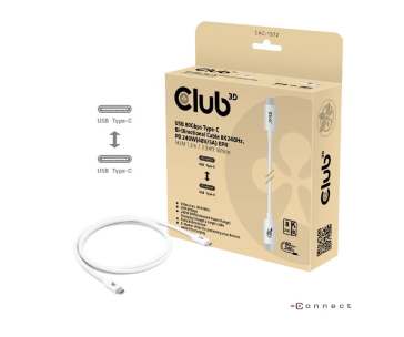 Club3D Kabel USB4 Typ-C, 80Gbps, Certifikovaný kabel, 4K540Hz, 8K240Hz, 16K60Hz, PD 240W, 1.2m, bílá