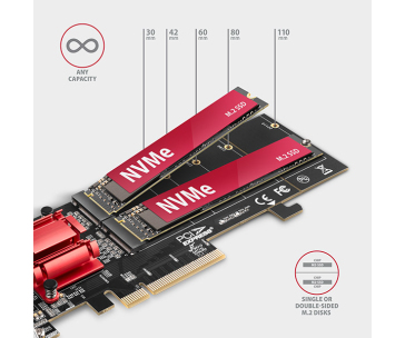 AXAGON PCEM2-ND, PCIe x8 řadič - 2x M.2 NVMe M-key slot, RAID, podpora desek bez bifurkace, vč. LP