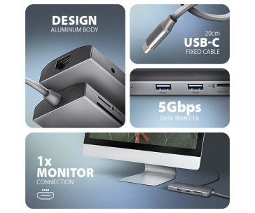 AXAGON HMC-8HLSA, USB 5Gbps hub, 3x USB-A, HDMI 4k/60Hz, RJ-45 GLAN, SD/microSD, audio, PD 100W, kabel USB-C 20cm