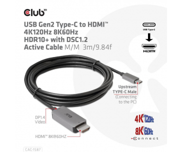 Club3D kabel USB-C na HDMI, 4K120Hz 8K60Hz HDR10 s DSC1.2, Aktivní kabel, M/M, 3m