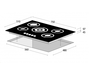 Concept PDV7575bc plynová deska, elektrické zapalování, speciální tvrzené sklo, pojistky proti úniku plynu, černá