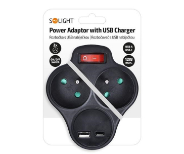 Solight rozbočka s USB A+C nabíječkou, 2 x 10A, černá, vypínač