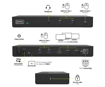 PORT univerzální dokovací stanice, 3x 4K USB-C + USB A, černá