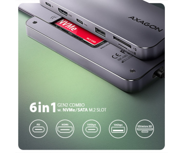 AXAGON HMC-6GM2, USB 10Gbps hub, USB-A, USB-C, HDMI, M.2 slot, SD/MicroSD, PD 100W, kabel USB-C 20cm