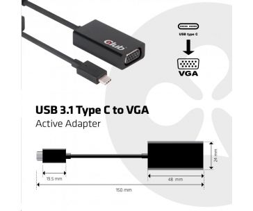 Club3D Adaptér aktivní USB 3.1 typ C na VGA (M/F), 15cm