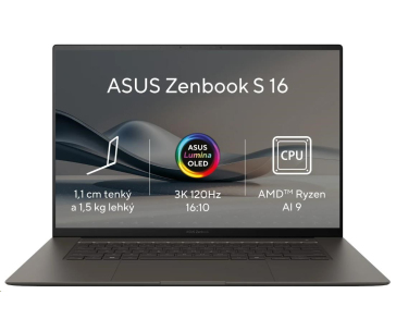 ASUS NTB Zenbook S (UM5606WA-OLED221X), AI 9 HX 370, 16" 2880 x 1800, 32GB, 1TB SSD, AMD Radeon, W11 Pro, Gray