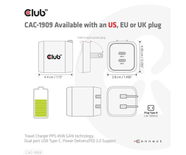 Club3D cestovní nabíječka PPS 45W GAN technologie, Dual port USB Type-C, Power Delivery(PD) 3.0 Support