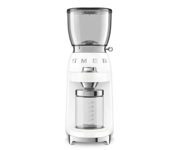 Smeg CGF01WHEU, mlýnek na kávu, 150 W, nastavitelná hrubost, nerezový mlýnek, nádoba z tritanu, bílý