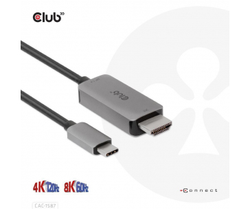 Club3D kabel USB-C na HDMI, 4K120Hz 8K60Hz HDR10 s DSC1.2, Aktivní kabel, M/M, 3m