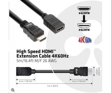 Club3D Kabel prodlužovací Rychlý HDMI 4K60HZ (M/F), 5m, černá, 26 AWG