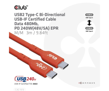 Club3D Kabel USB2 Type-C Bi-Directional USB-IF Certifikovaný 480Mb, PD 240W(48V/5A) EPR M/M 3m