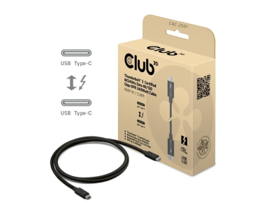 Club3D Kabel Thunderbolt 5, 80/120Gbps, Certifikovaný kabel, 1x 4K540Hz, 2x8K240Hz, PD 240W, 1m