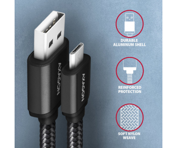 AXAGON BUMM-AM15AB, HQ kabel Micro USB <-> USB-A, 1.5m, USB 2.0, 2.4A, ALU, oplet, černý