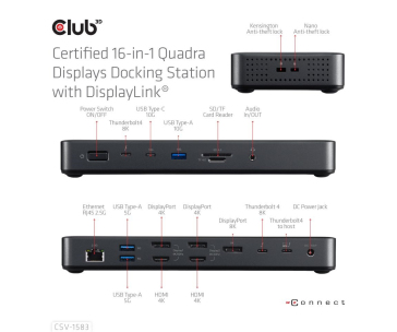 Club3D Dokovací stanice 16v1 Quadra (4) ThunderBolt 4, 2xTB, 3xDP, 2xHDMI, 3xUSB, RJ45, SD-TF Karta, 1xUSB-C, 150W PD