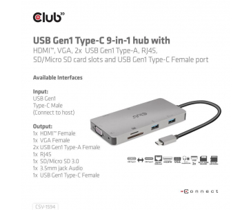 Club3D hub USB-C, 9-in-1 hub s HDMI, VGA, 2x USB Gen1 Type-A, RJ45, 100W PD