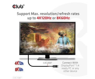 Club3D kabel DP 1.4 na HDMI, 4K120Hz nebo 8K60Hz HDR10, M/M, 3m