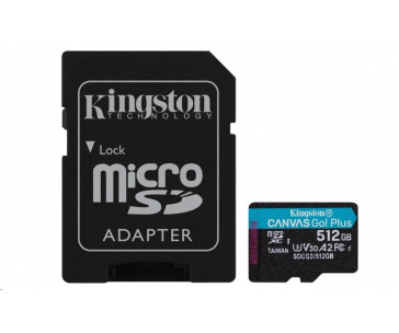 Kingston MicroSDXC karta 512GB Canvas Go! Plus, R:170/W:90MB/s, Class 10, UHS-I, U3, V30, A2 + Adaptér