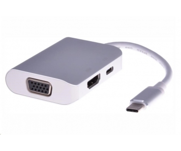 PREMIUMCORD Převodník USB3.1 typ C na HDMI + VGA + PD charge, Aluminium pouzdro