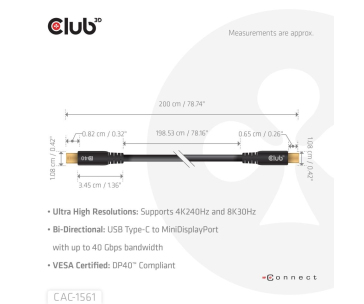 Club3D Kabel USB-C na MiniDisplayPort 2.1, 8K30Hz, DSC1.2, UHBR10, 2m