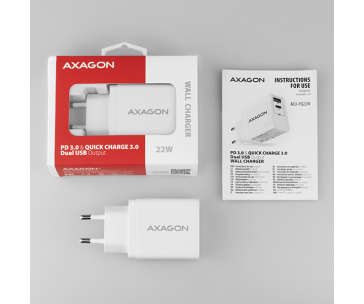 AXAGON ACU-PQ22W, PD & QC nabíječka do sítě 22W, 2x port (USB-A + USB-C), PD3.0/QC3.0/AFC/FCP/Apple, bílá