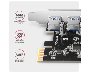 AXAGON PCEU-430RS, PCIe řadič, 4x USB 5Gbps port, SATA napájení, Renesas PD720201, SP