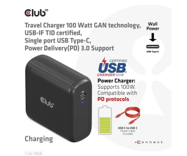 Club3D cestovní nabíječka 100W GAN technologie, USB-IF TID certified, USB Type-C, Power Delivery(PD) 3.0 Support