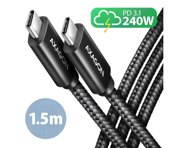 AXAGON BUCM2-CM15AB, CHARGE kabel USB-C <-> USB-C, 1.5m, Hi-Speed USB, PD 240W 5A, ALU, oplet, černý